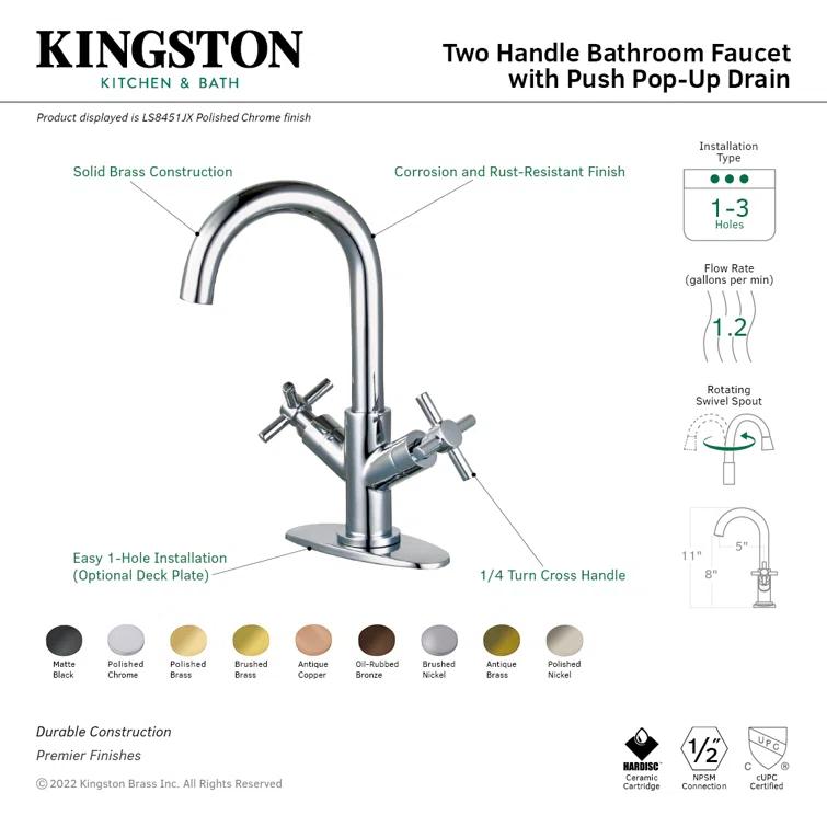 Kingston Brass Concord Two-Handle 1-Hole Deck Mount Bathroom Faucet with Push Pop-Up