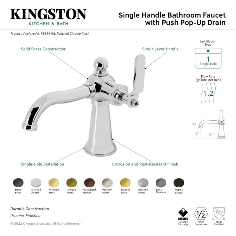 Kingston Brass Knight Single-Handle 1-Hole Deck Mount Bathroom Faucet with Push Pop-Up