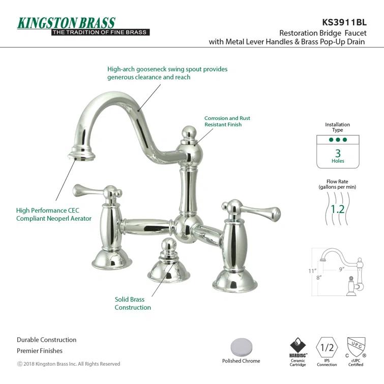 Kingston Brass Restoration Two-Handle 3-Hole Deck Mount Bridge Bathroom Faucet with Brass Pop-Up