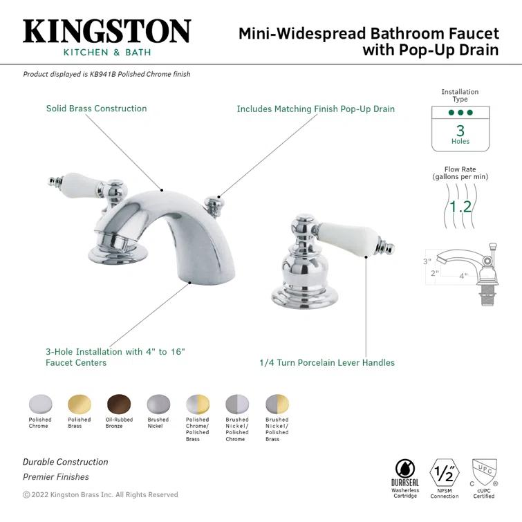 Kingston Brass Victorian Two-Handle 3-Hole Deck Mount Mini-Widespread Bathroom Faucet with Plastic Pop-Up
