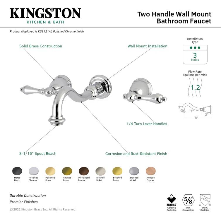 Kingston Brass Vintage Two-Handle 3-Hole Wall Mount Bathroom Faucet