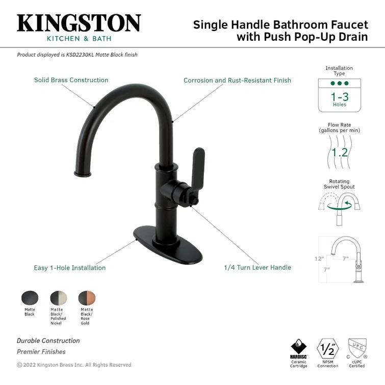 Kingston Brass Whitaker Single-Handle 1-Hole Deck Mount Bathroom Faucet with Push Pop-Up and Deck Plate