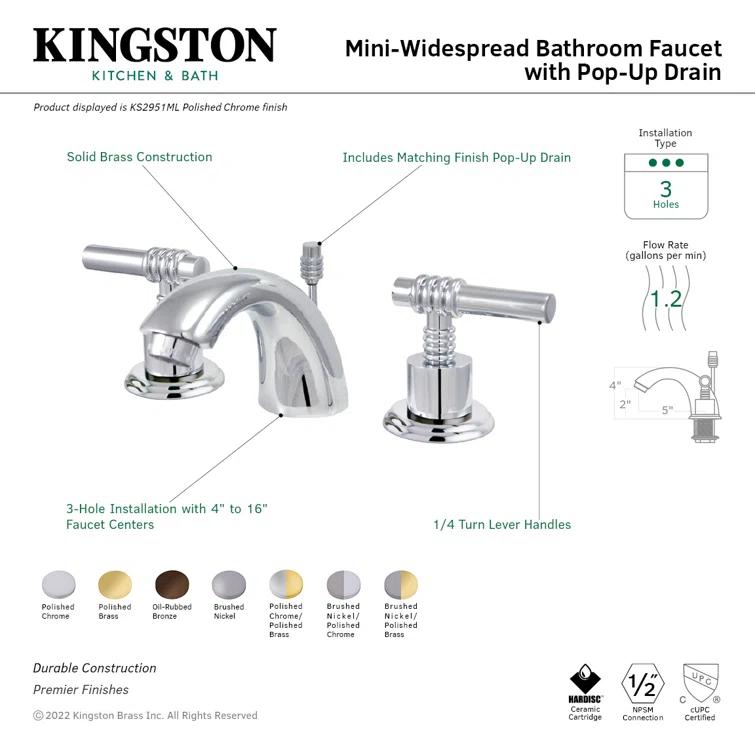 Kingston Brass Two-Handle 3-Hole Deck Mount Mini-Widespread Bathroom Faucet with Brass Pop-Up