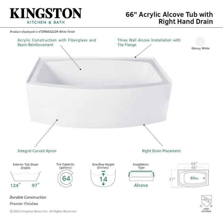 Kingston Brass Aqua Eden 66-Inch Acrylic Curved Rectangular Apron 3-Wall Alcove Tub, Drain