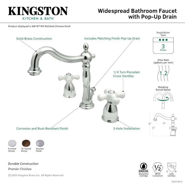 Kingston Brass KB1975PX Kingston Brass Heritage Two-Handle 3-Hole Deck Mount Widespread Bathroom Faucet with Pop-Up Drain