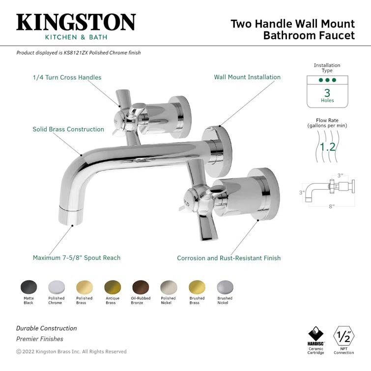 Kingston Brass KS8122ZX Kingston Brass Millennium Two-Handle 3-Hole Wall Mount Bathroom Faucet