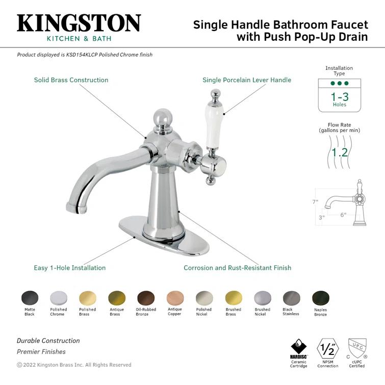 Kingston Brass Nautical Single-Handle 1-Hole Deck Mount Bathroom Faucet with Push Pop-Up and Deck Plate