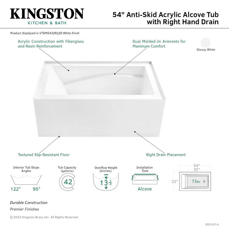 Kingston Brass Aqua Eden 54-Inch Acrylic Rectangular 3-Wall Alcove Tub, Hand Drain and Anti-Skid Surface
