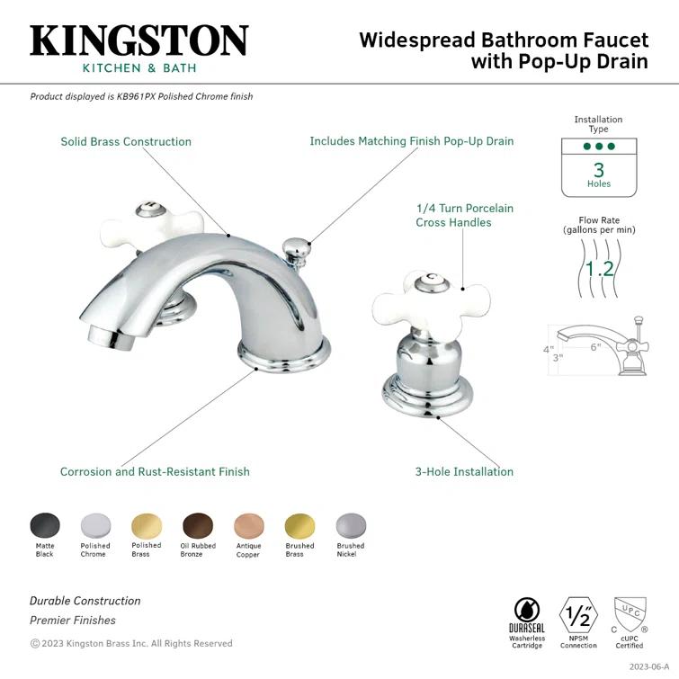 Kingston Brass Magellan Two-Handle 3-Hole Deck Mount Widespread Bathroom Faucet with Retail Pop-Up Drain