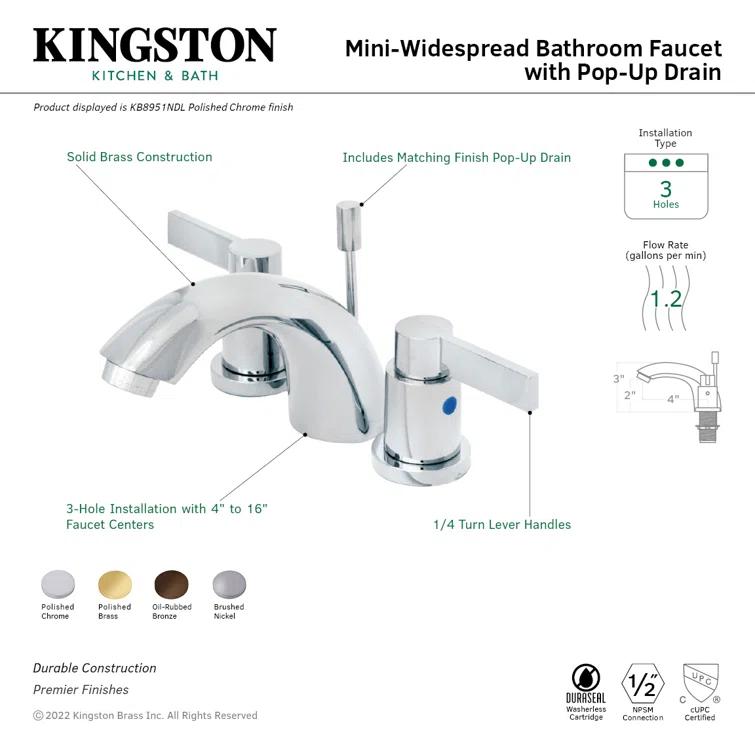 Kingston Brass NuvoFusion Two-Handle 3-Hole Deck Mount Mini-Widespread Bathroom Faucet with Plastic Pop-Up