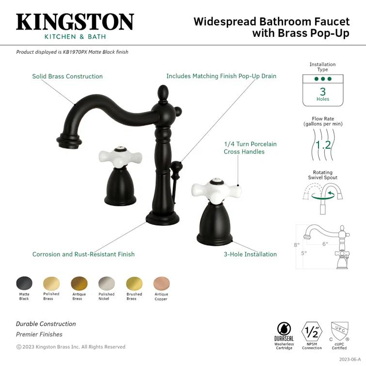 Kingston Brass Heritage Two-Handle 3-Hole Deck Mount Widespread Bathroom Faucet with Brass Pop-Up Drain