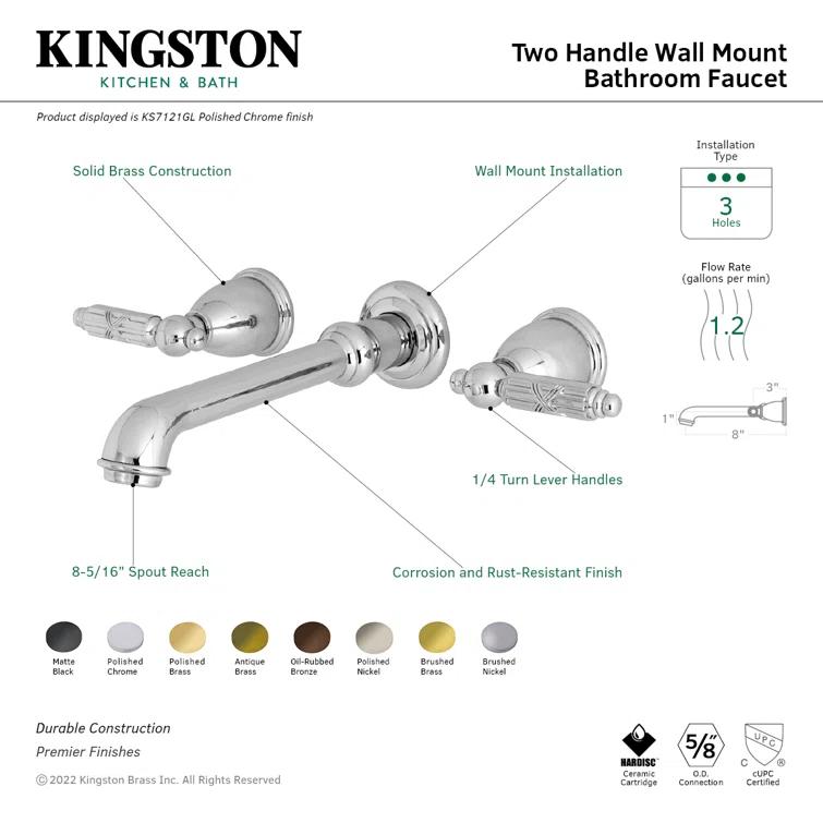Kingston Brass Georgian Two-Handle 3-Hole Wall Mount Bathroom Faucet
