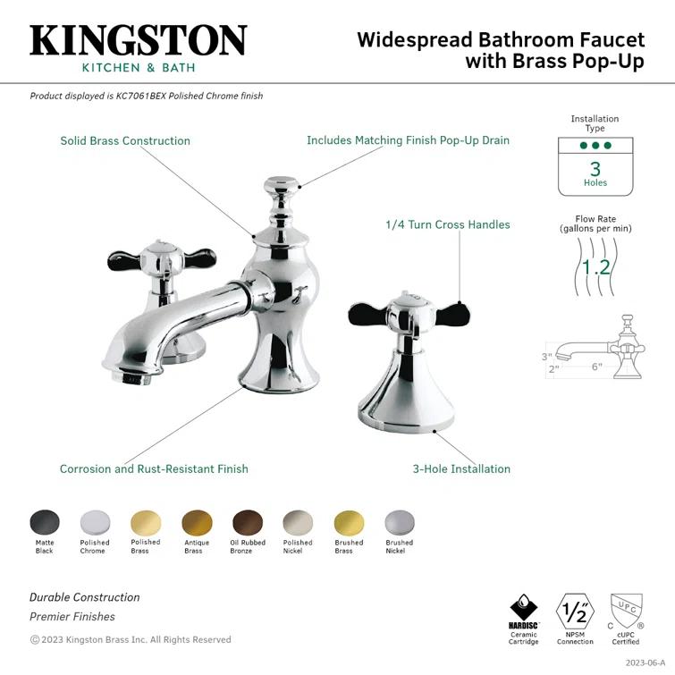 Kingston Brass Essex Two-Handle 3-Hole Deck Mount Widespread Bathroom Faucet with Brass Pop-Up Drain