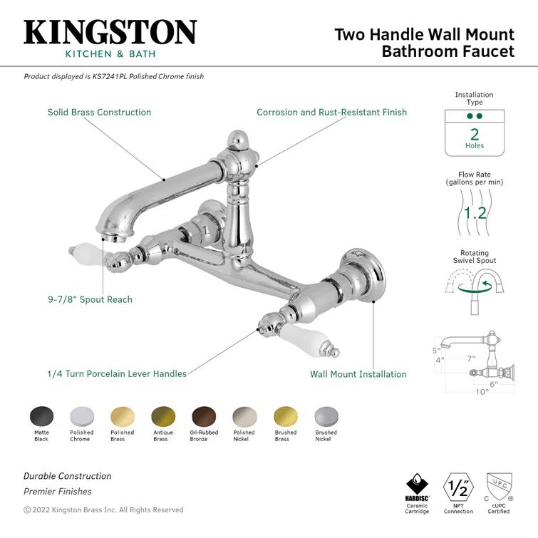 Kingston Brass English Country Two-Handle 2-Hole Wall Mount Bathroom Faucet