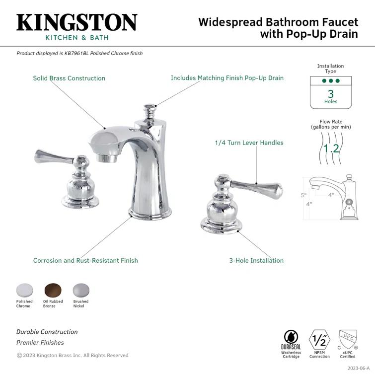 Kingston Brass Vintage Two-Handle 3-Hole Deck Mount Widespread Bathroom Faucet with Retail Pop-Up Drain