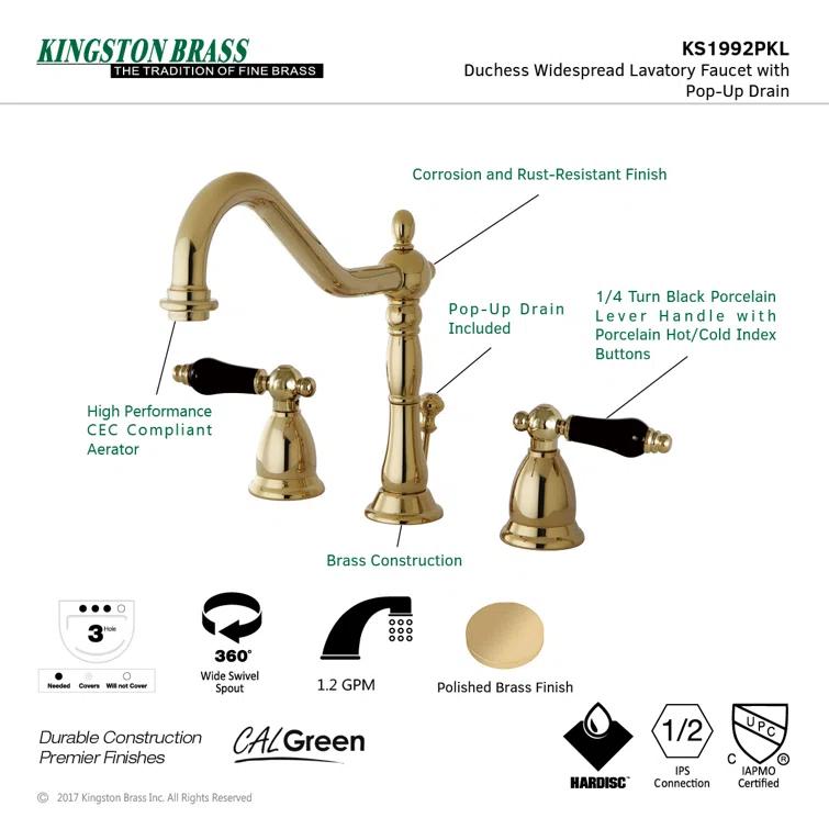 Kingston Brass KS1992PKL Kingston Brass Duchess Two-Handle 3-Hole Deck Mount Widespread Bathroom Faucet with Brass Pop-Up Drain