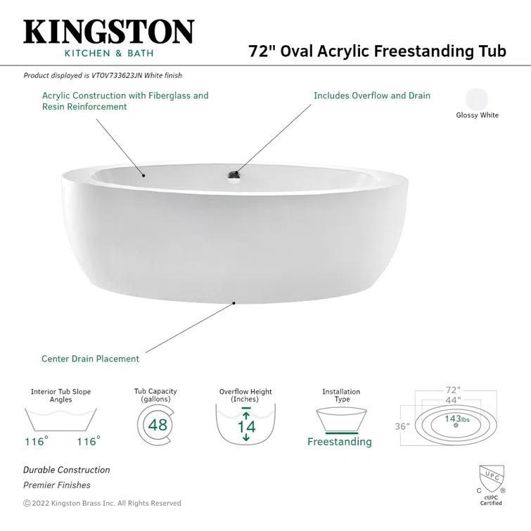 Kingston Brass Aqua Eden 72-Inch Acrylic Oval Double Ended Freestanding Tub with Drain