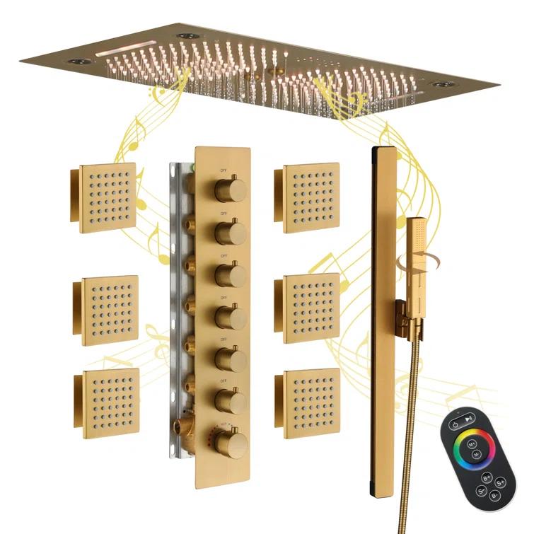 CASAINC KCHS0021-LEDBG Rodeo 27.5-Inch LED&Music Rainfall Thermostatic Shower System with Slide Bar and 2-in-1 Handheld