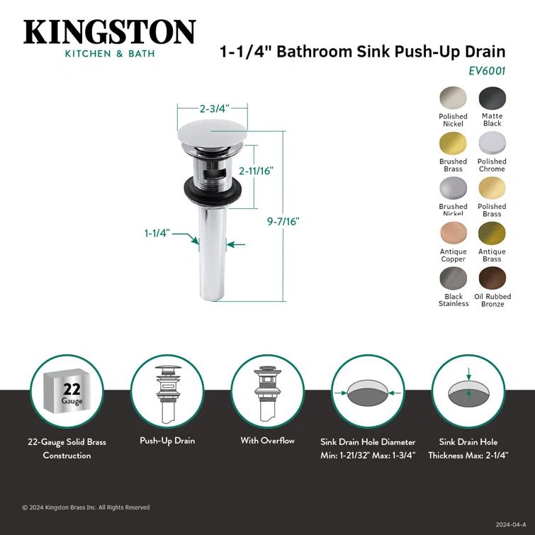 Kingston Brass Push Pop-Up Bathroom Sink Drain with Overflow, 22 Gauge