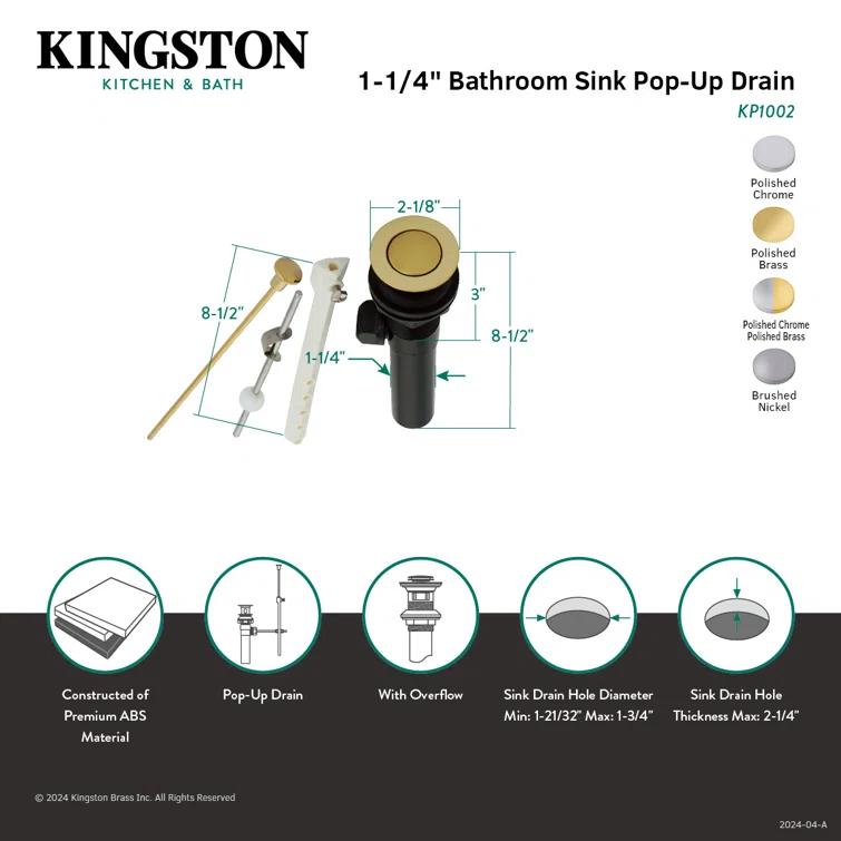 Kingston Brass Plastic Pop-Up Bathroom Sink Drain with Overflow