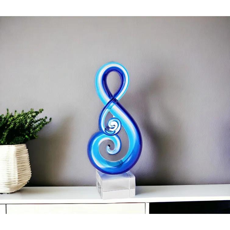 Blue Murano Style Art Glass Note Centerpiece with Crystal Base