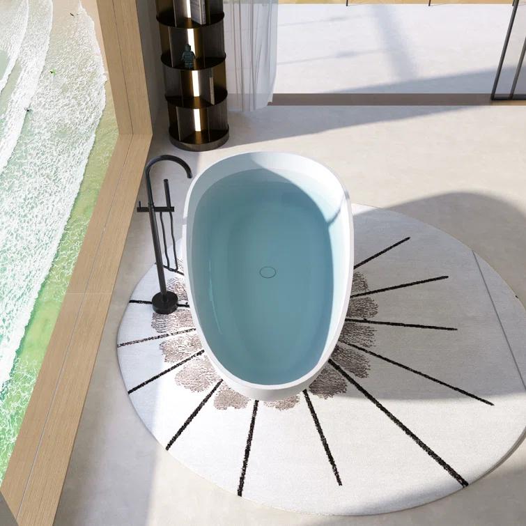 59" x 31" Freestanding Soaking Solid Surface Bathtub Stone Resin Bath Tub with Overflow and Pop-up Drain, Glossy/Matte White