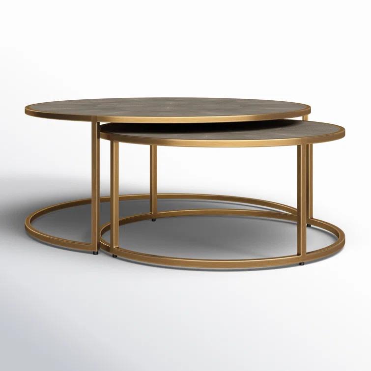 Crescent Antique Brass Nesting Coffee Table Set with Faux Shagreen Top