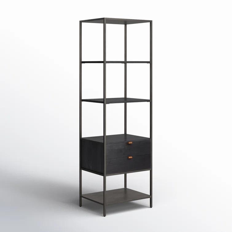 Contemporary Black Wash Poplar Bookshelf with Leather Pulls