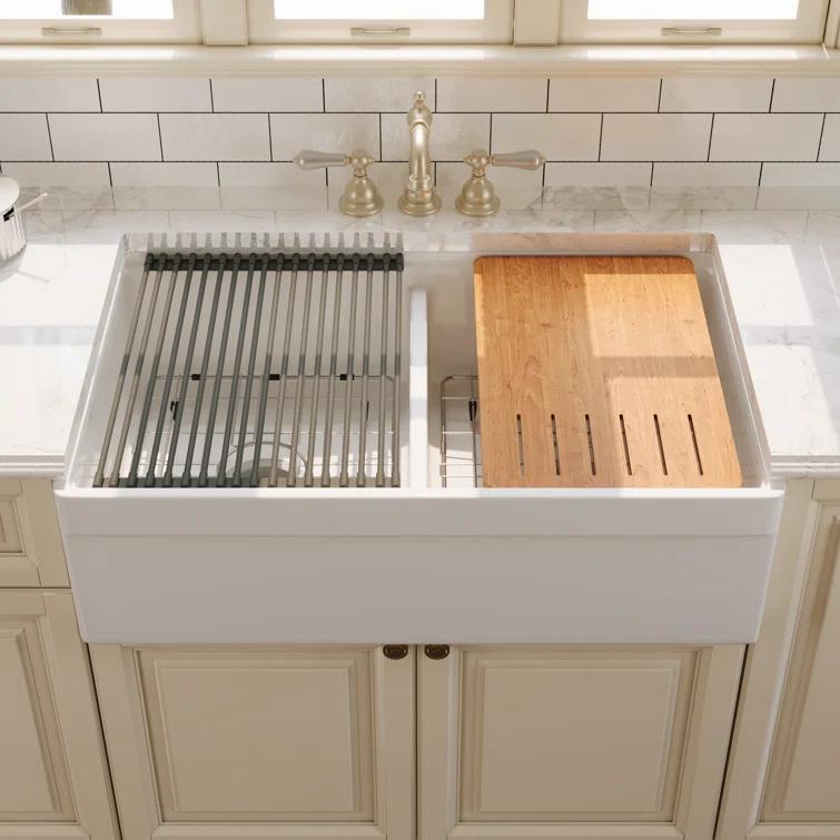33" L X 20" W White Fireclay Double Bowl Workstation Farmhouse Kitchen Sink with Cutting Board And Dish-Drying Rack