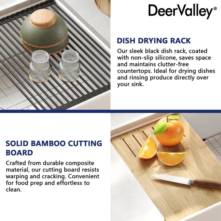 33" L X 20" W White Fireclay Double Bowl Workstation Farmhouse Kitchen Sink with Cutting Board And Dish-Drying Rack