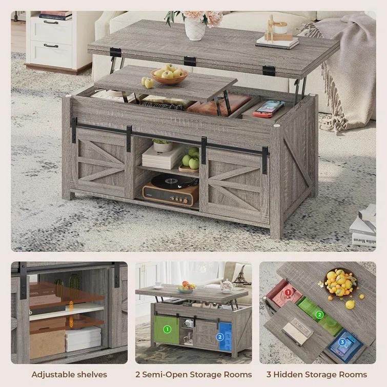 Jode Lift Top Coffee Table for Living Room with 4 Sliding Barn Doors