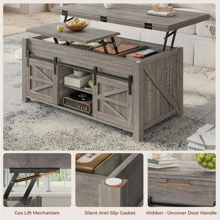 Jode Lift Top Coffee Table for Living Room with 4 Sliding Barn Doors