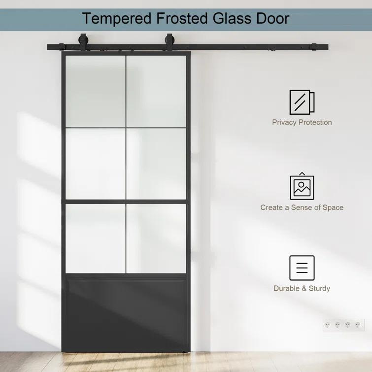 Metal and Glass Sliding Barn Door with Installation Hardware Kit ( Soft-close Included)