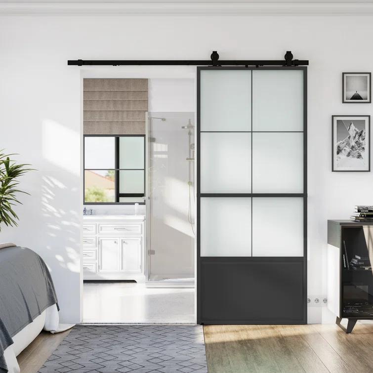 Metal and Glass Sliding Barn Door with Installation Hardware Kit ( Soft-close Included)
