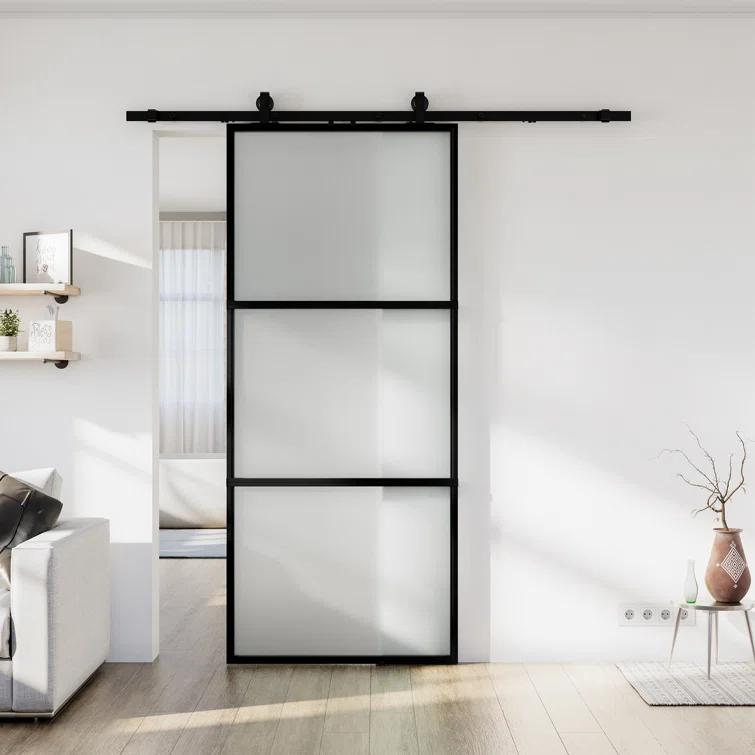 Metal and Glass Sliding Barn Door with Installation Hardware Kit ( Soft-close Included)