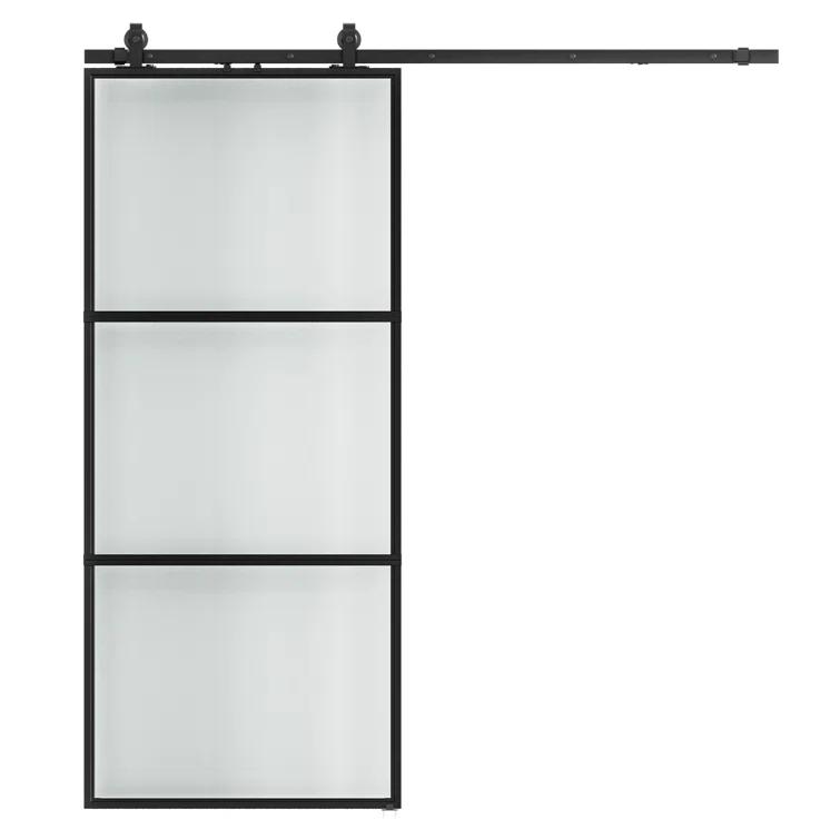 Metal and Glass Sliding Barn Door with Installation Hardware Kit ( Soft-close Included)