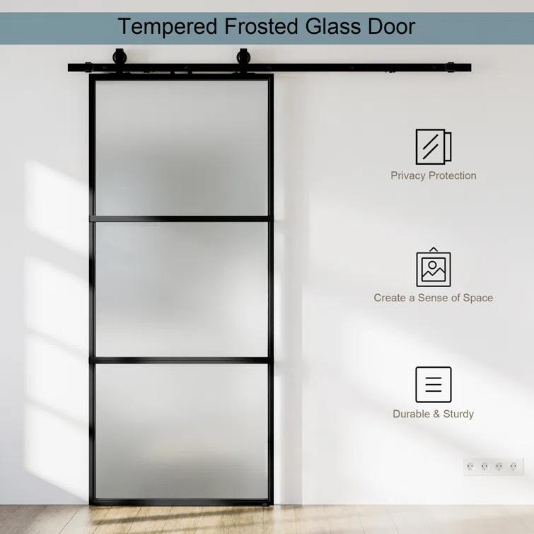 Metal and Glass Sliding Barn Door with Installation Hardware Kit ( Soft-close Included)