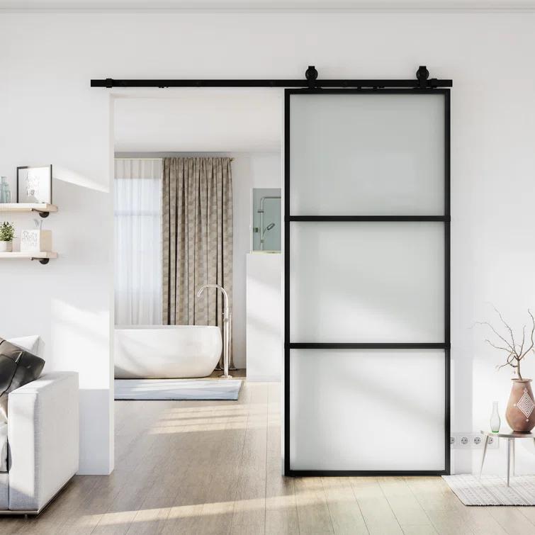 Metal and Glass Sliding Barn Door with Installation Hardware Kit ( Soft-close Included)
