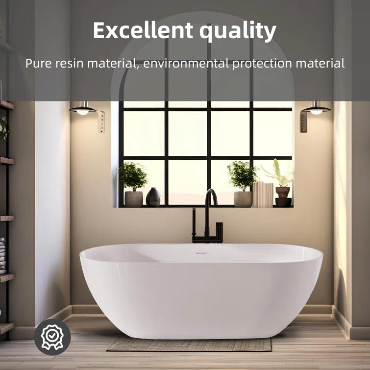 59" x 30" Freestanding Soaking Solid Surface Bathtub Stone Resin Bath Tub with Overflow and Pop-up Drain for Contemporary Bathroom, Glossy/Matte White