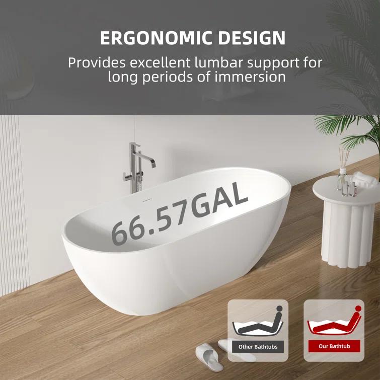 59" x 30" Freestanding Soaking Solid Surface Bathtub Stone Resin Bath Tub with Overflow and Pop-up Drain for Contemporary Bathroom, Glossy/Matte White