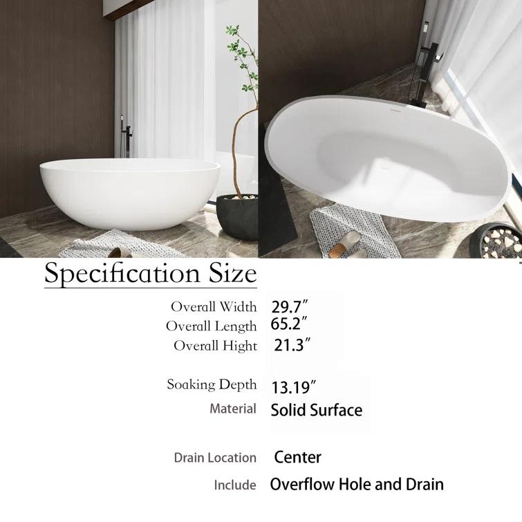 TCYO 65 in. x 30 in. Solid Surface Freestanding Soaking Bathtub with Center Drain in Matte White TYMYBT11-65MW