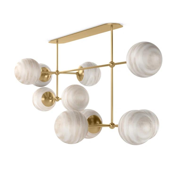 Burnished Brass 10-Light Linear Chandelier with Marbled Glass