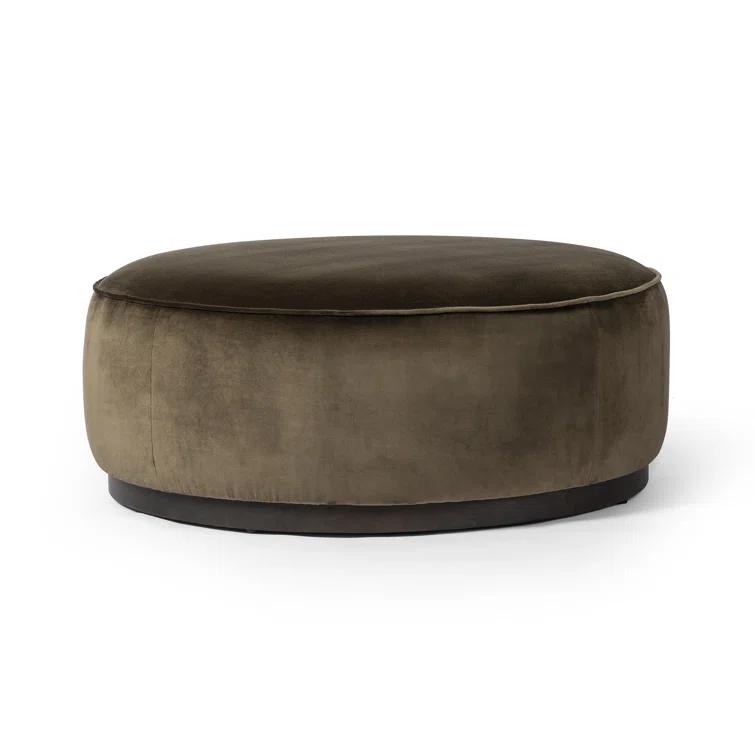 Sinclair Large Round Olive Velvet Ottoman with Brown Base