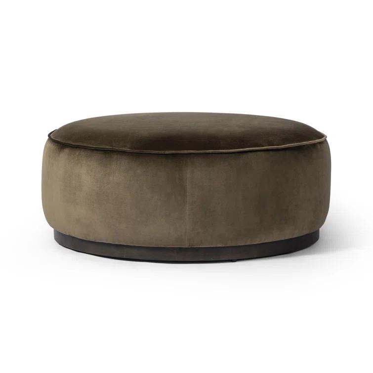 Sinclair Large Round Olive Velvet Ottoman with Brown Base
