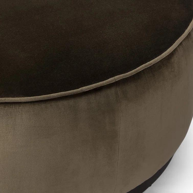 Sinclair Large Round Olive Velvet Ottoman with Brown Base