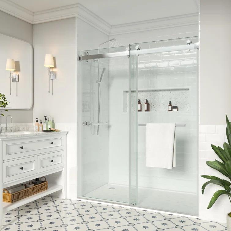 MCOCOD DS01H-7276-BR 72" W x 76" H x 2/5" THK Tempered Glass Double Smooth Sliding Frameless Shower Door with Towel Bar Handle & Knob & Anti-Collision Function
