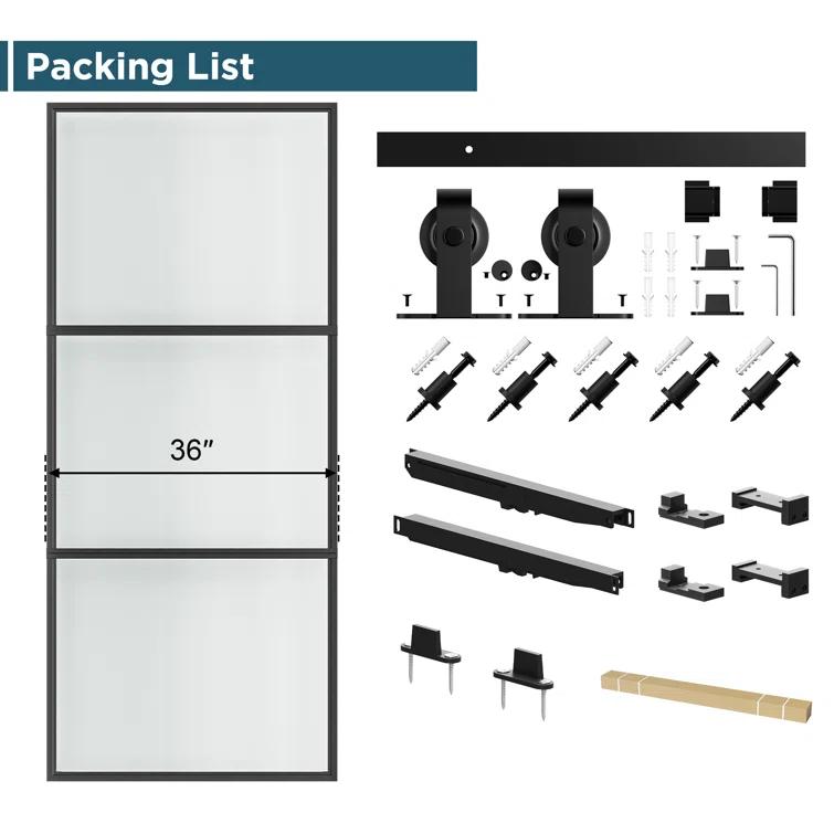 Metal and Glass Sliding Barn Door with Installation Hardware Kit ( Soft-close Included)