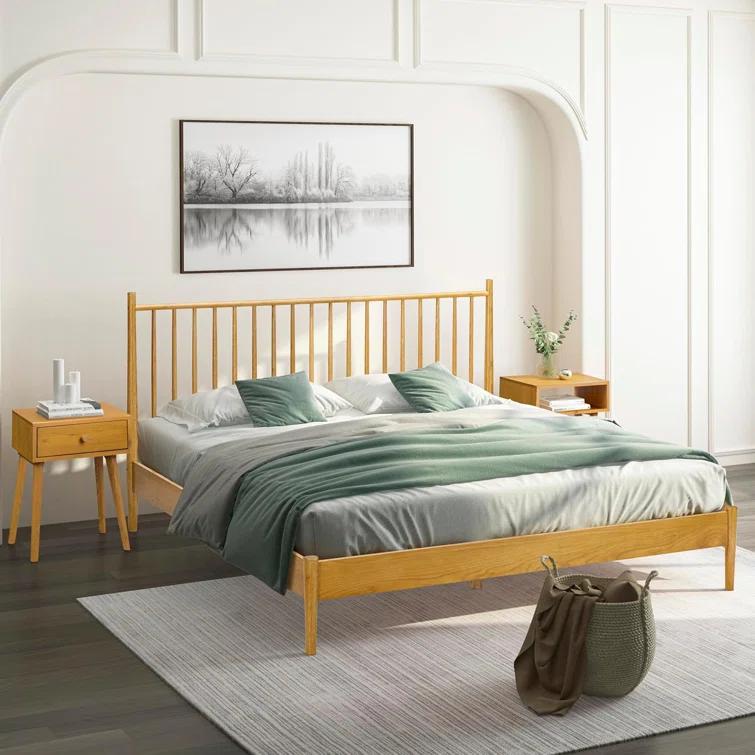 NTC Inno Solid Wood Bed Frame with Spindle Headboard and Silent Slats, 1000 lb Capacity