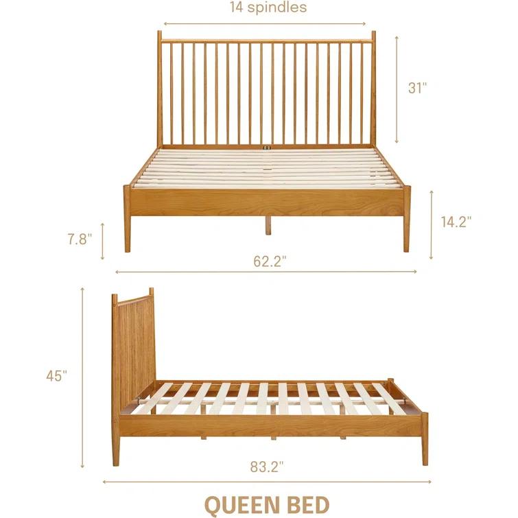 NTC Inno Solid Wood Bed Frame with Spindle Headboard and Silent Slats, 1000 lb Capacity