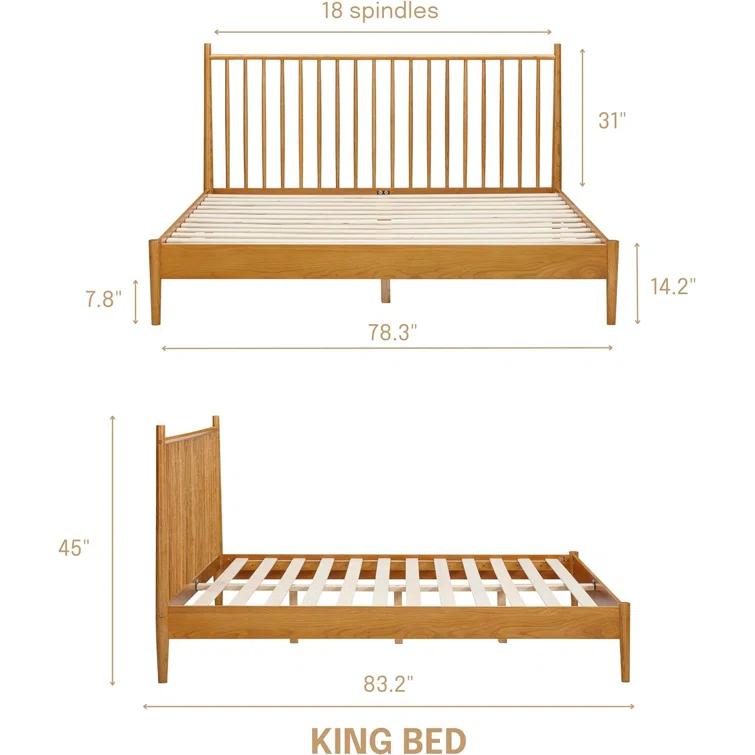 NTC Inno Solid Wood Bed Frame with Spindle Headboard and Silent Slats, 1000 lb Capacity